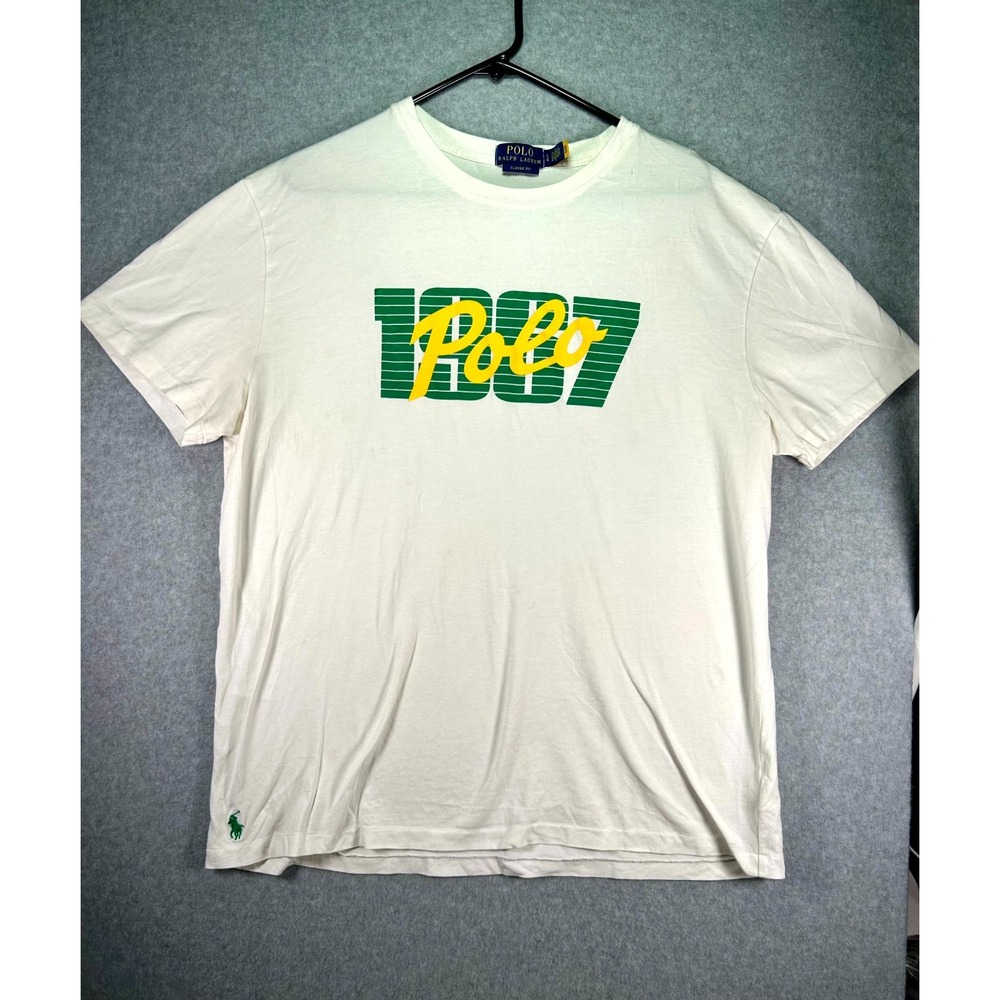 Stain*Polo Ralph Lauren Classic Fit Shirt Mens L White Graphic Print Pony Crew